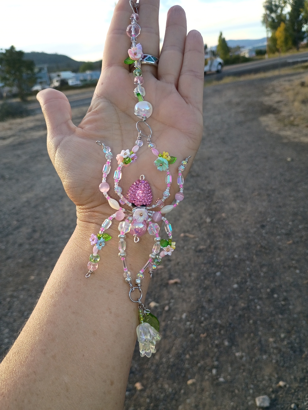 Pink Beaded Spider Floral Hanging Ornament - Decorative Home Accent